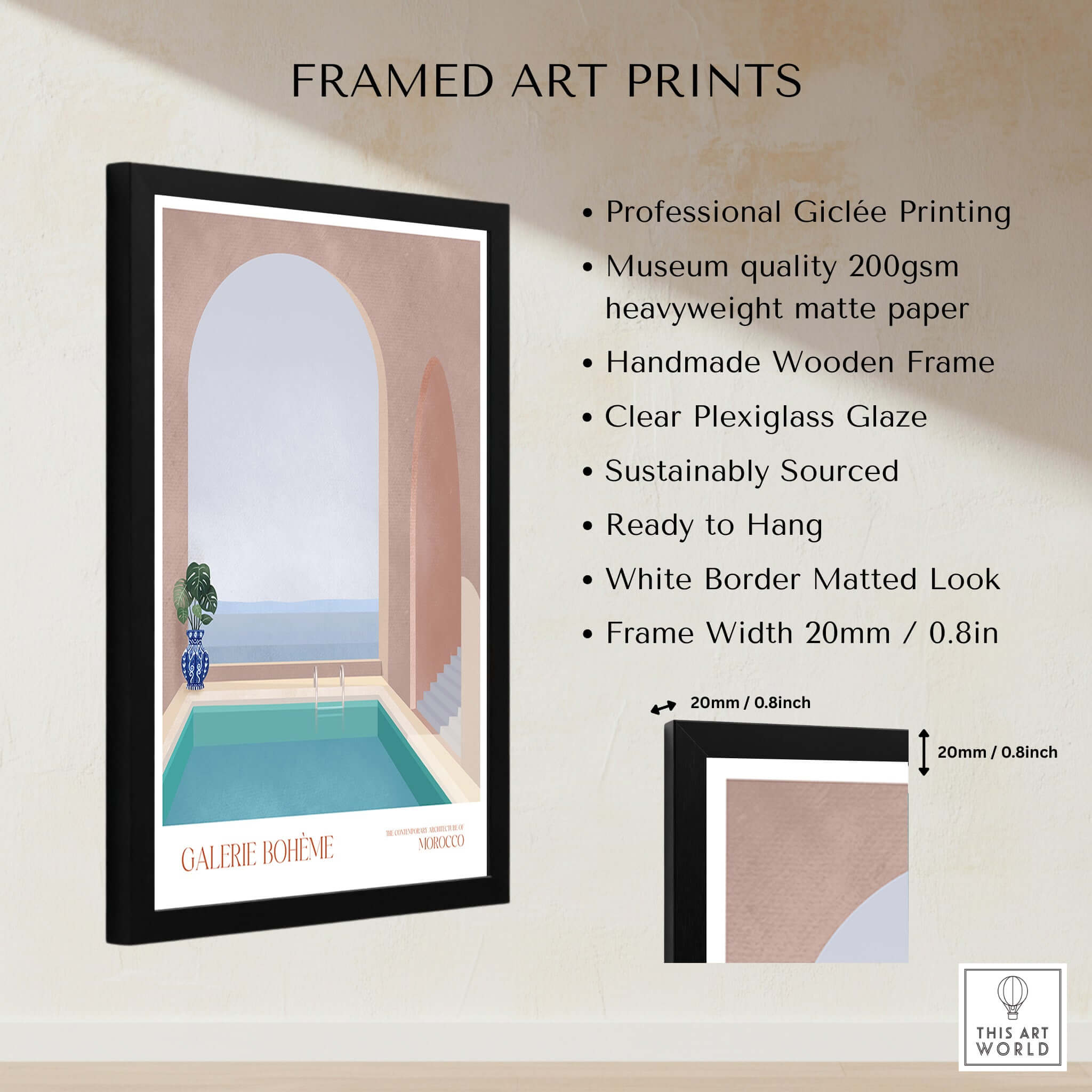 Galerie Bohème Moroccan Pool Ocean Archway Art Print Mediterranean Poster displayed in a framed art print format with detailed specifications.