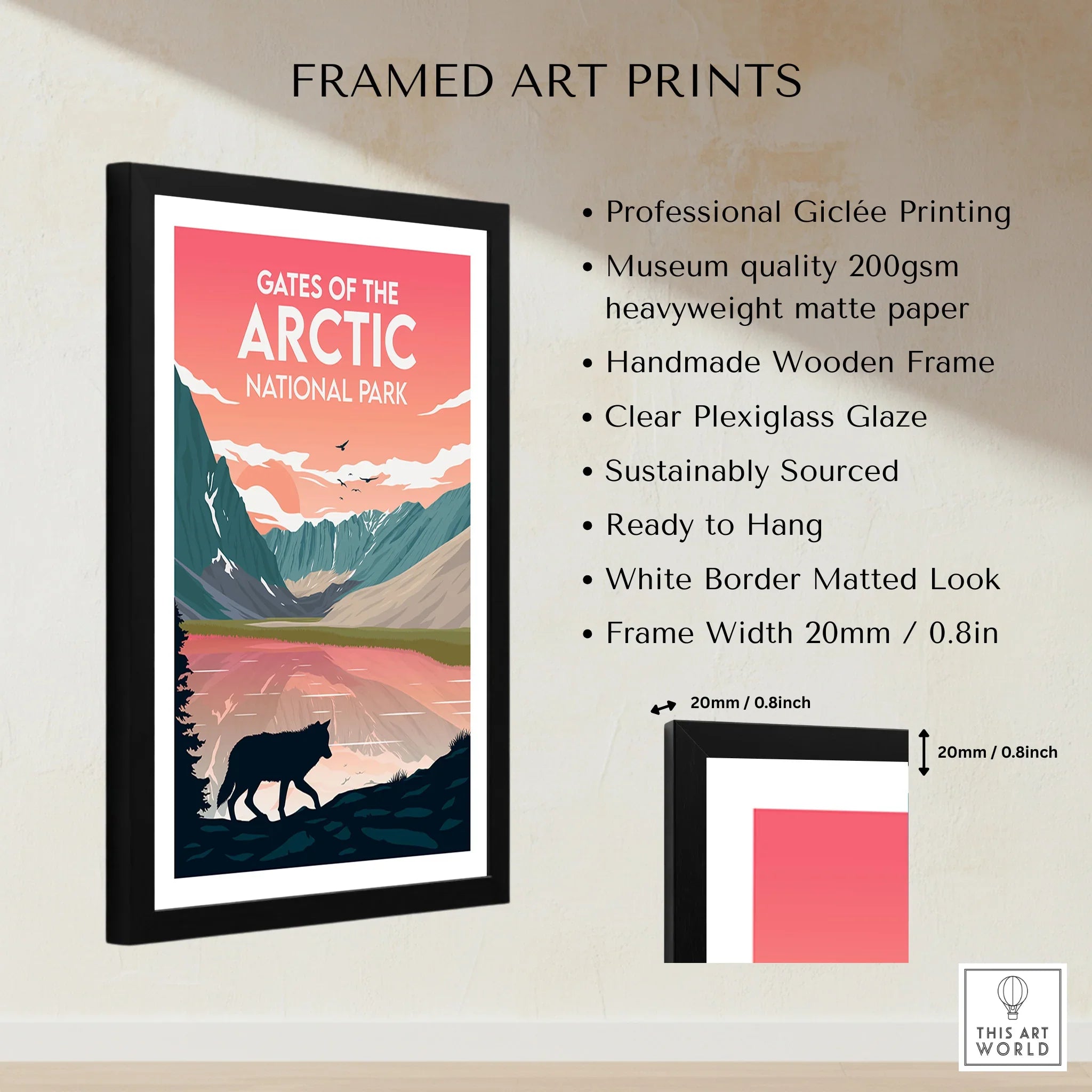 Framed Gates of the Arctic National Park print with quality details, wooden frame, wolf silhouette art