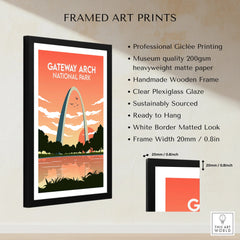 Framed Gateway Arch National Park art print with sunset silhouette, wooden frame, wall decor