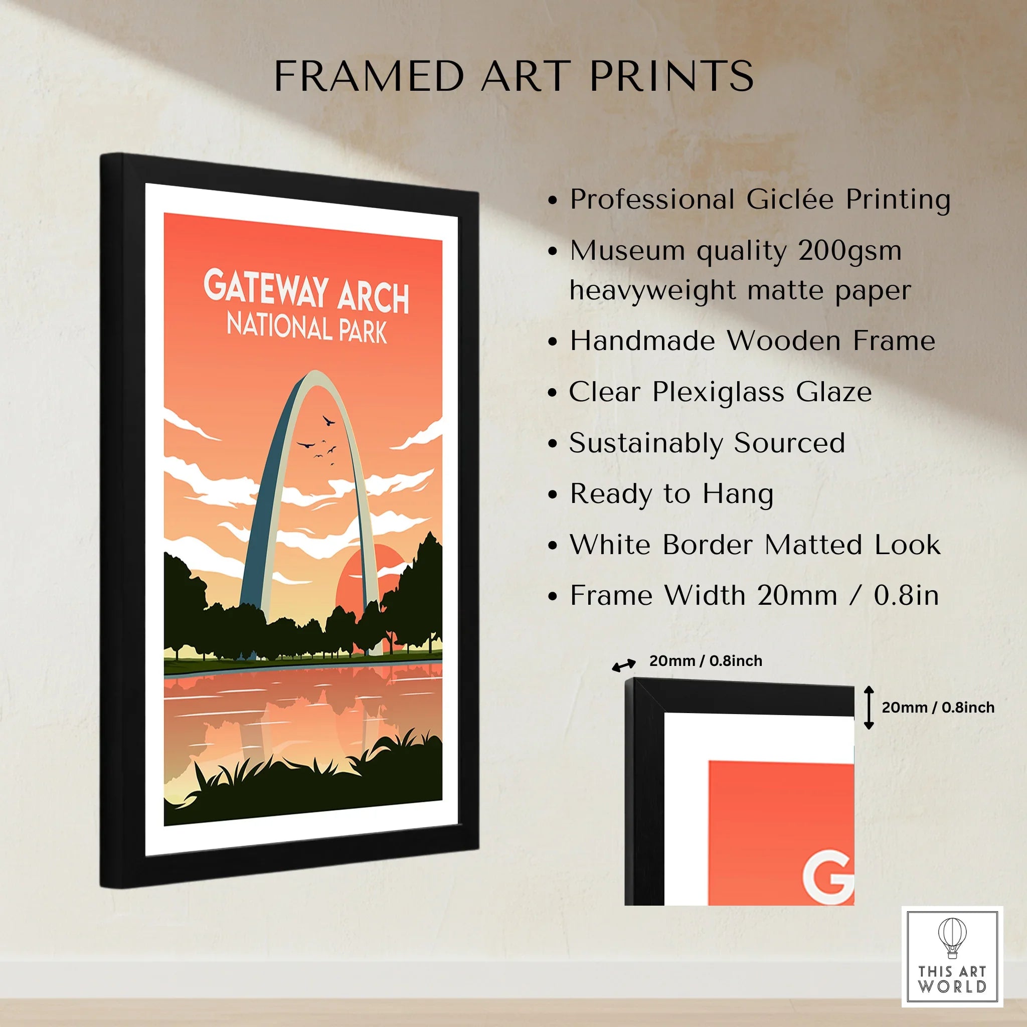 Framed Gateway Arch National Park art print with sunset silhouette, wooden frame, wall decor