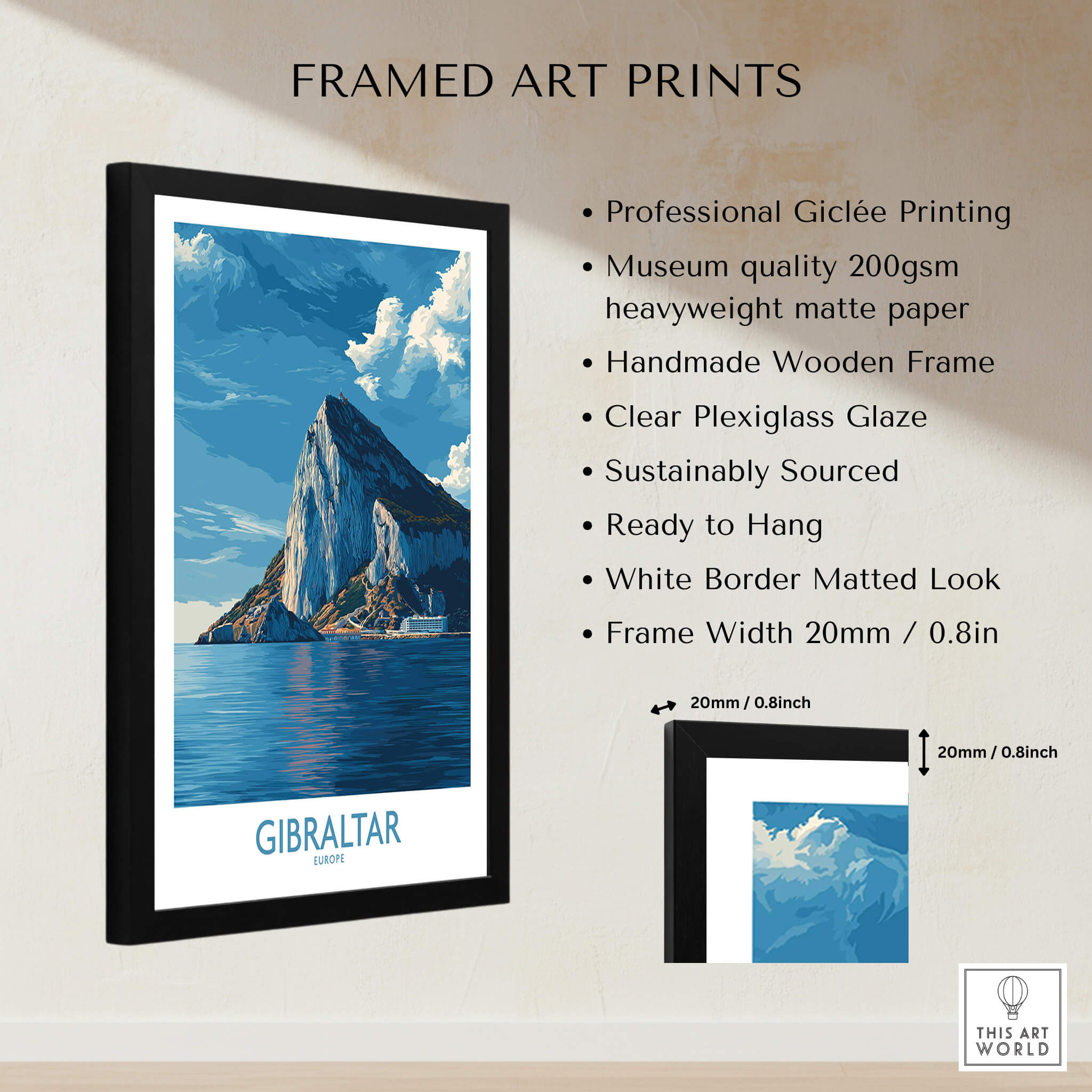 Gibraltar Poster –The Rock Canvas Print showcased in a sleek black frame, highlighting its vibrant colors and details.