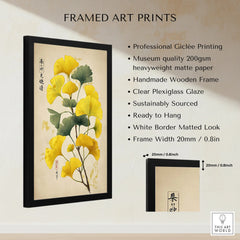 Framed art print with yellow gingko leaves, wooden frame, quality details and measurements