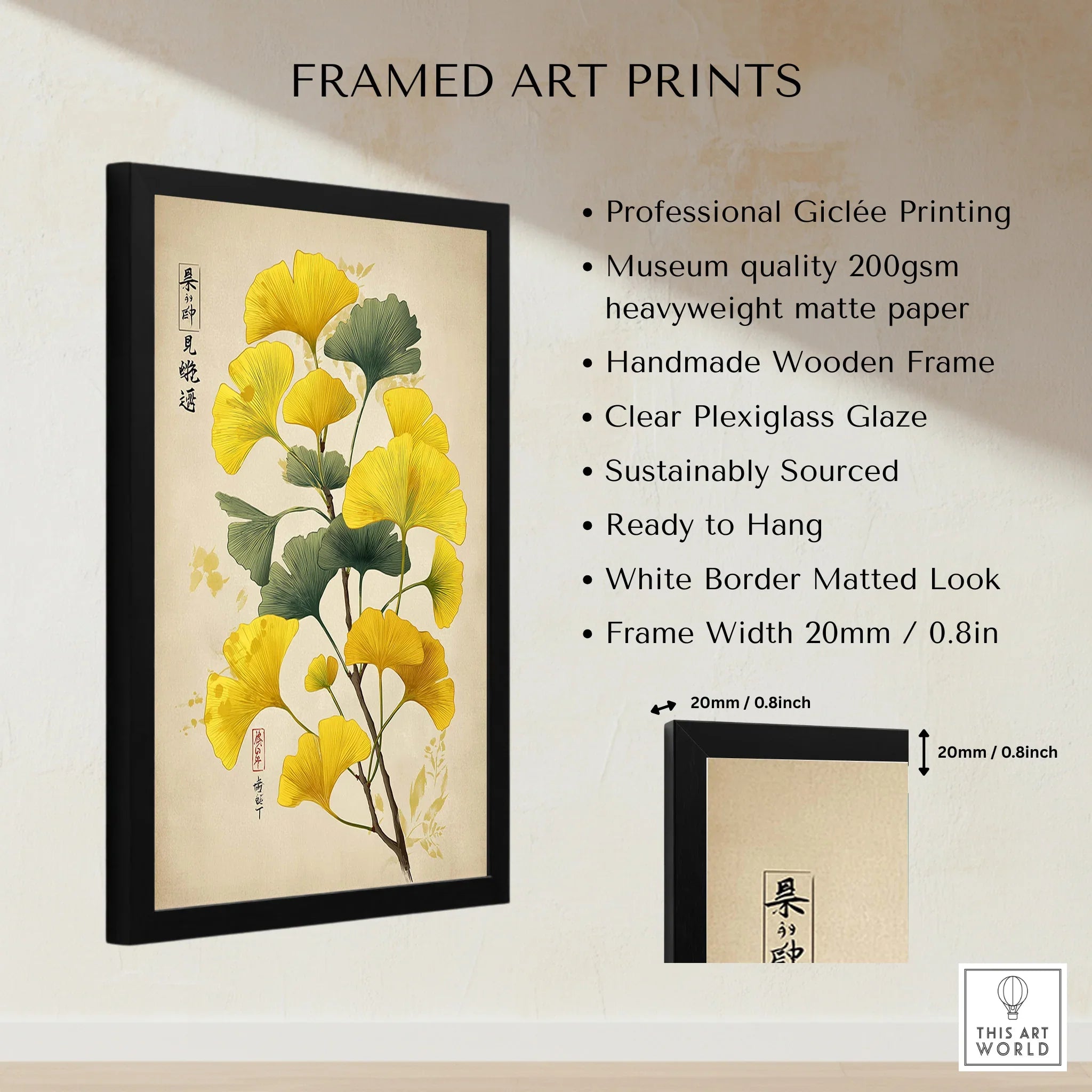 Framed art print with yellow gingko leaves, wooden frame, quality details and measurements