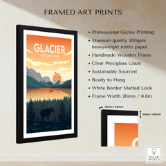 Framed Glacier National Park print with sunset, mountains, lake, and moose, wall art details shown