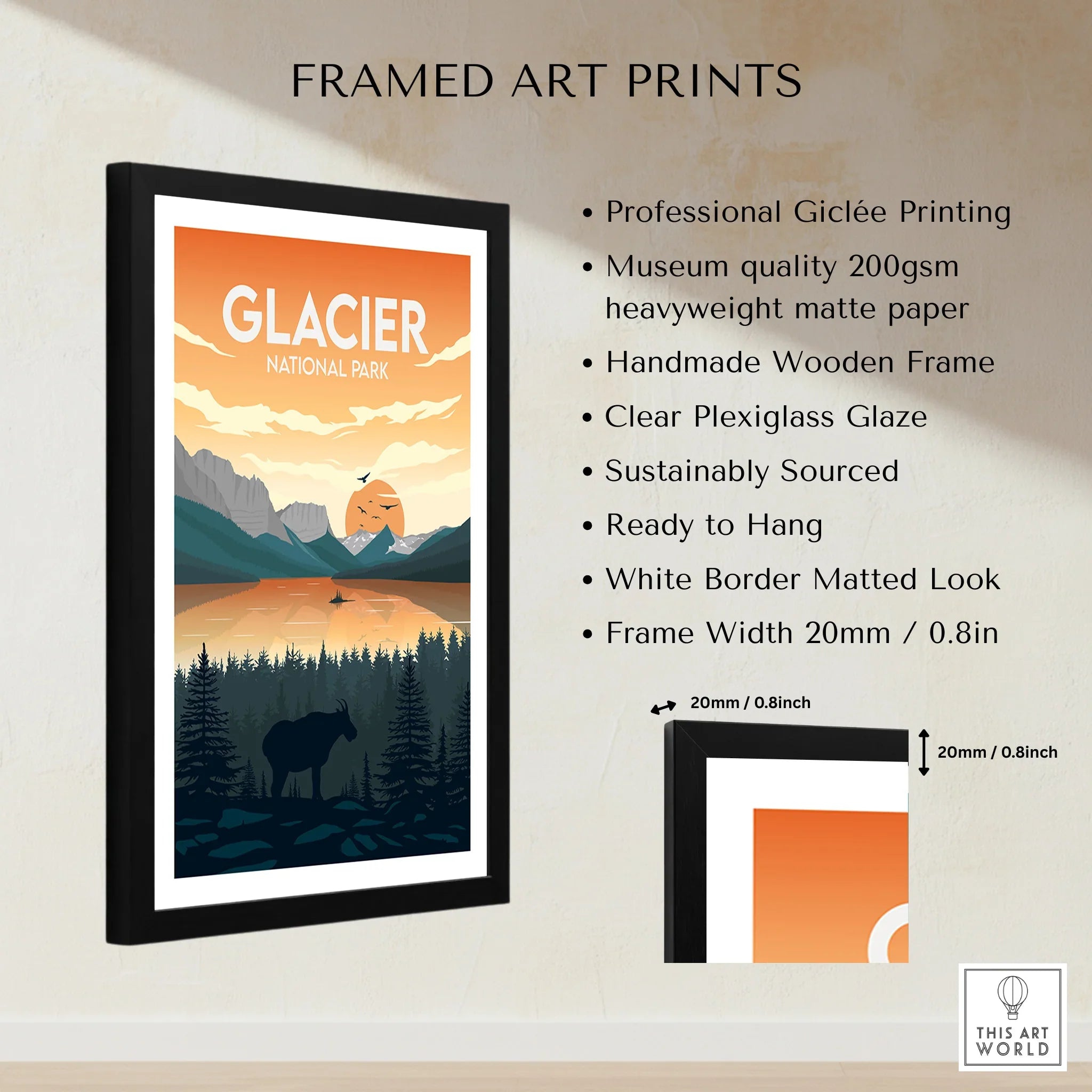 Framed Glacier National Park print with sunset, mountains, lake, and moose, wall art details shown