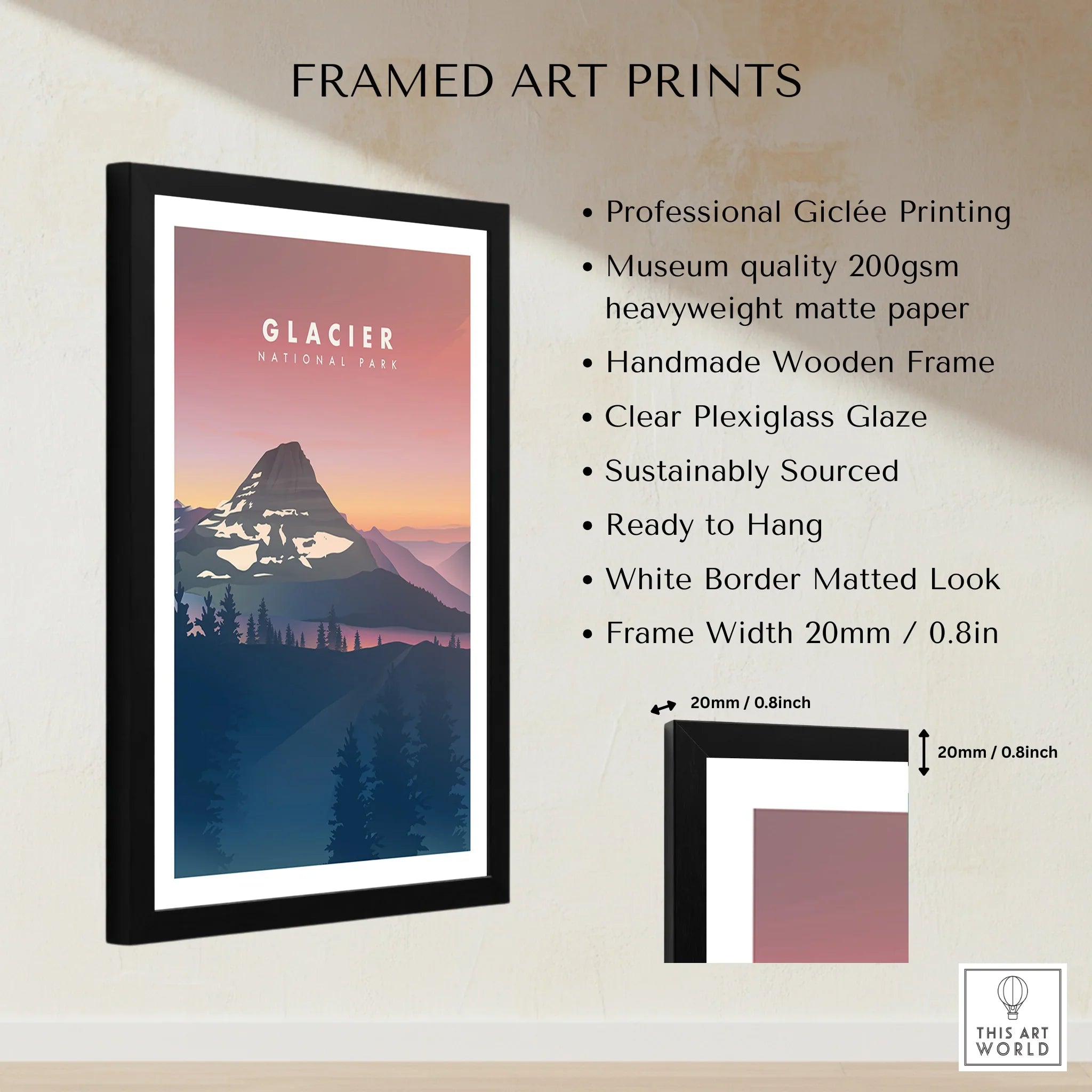 Framed Glacier National Park art print with mountain scenery, black wooden frame, and quality details.