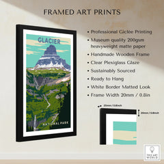 Framed Glacier National Park print with mountain landscape, black frame, and product features listed.