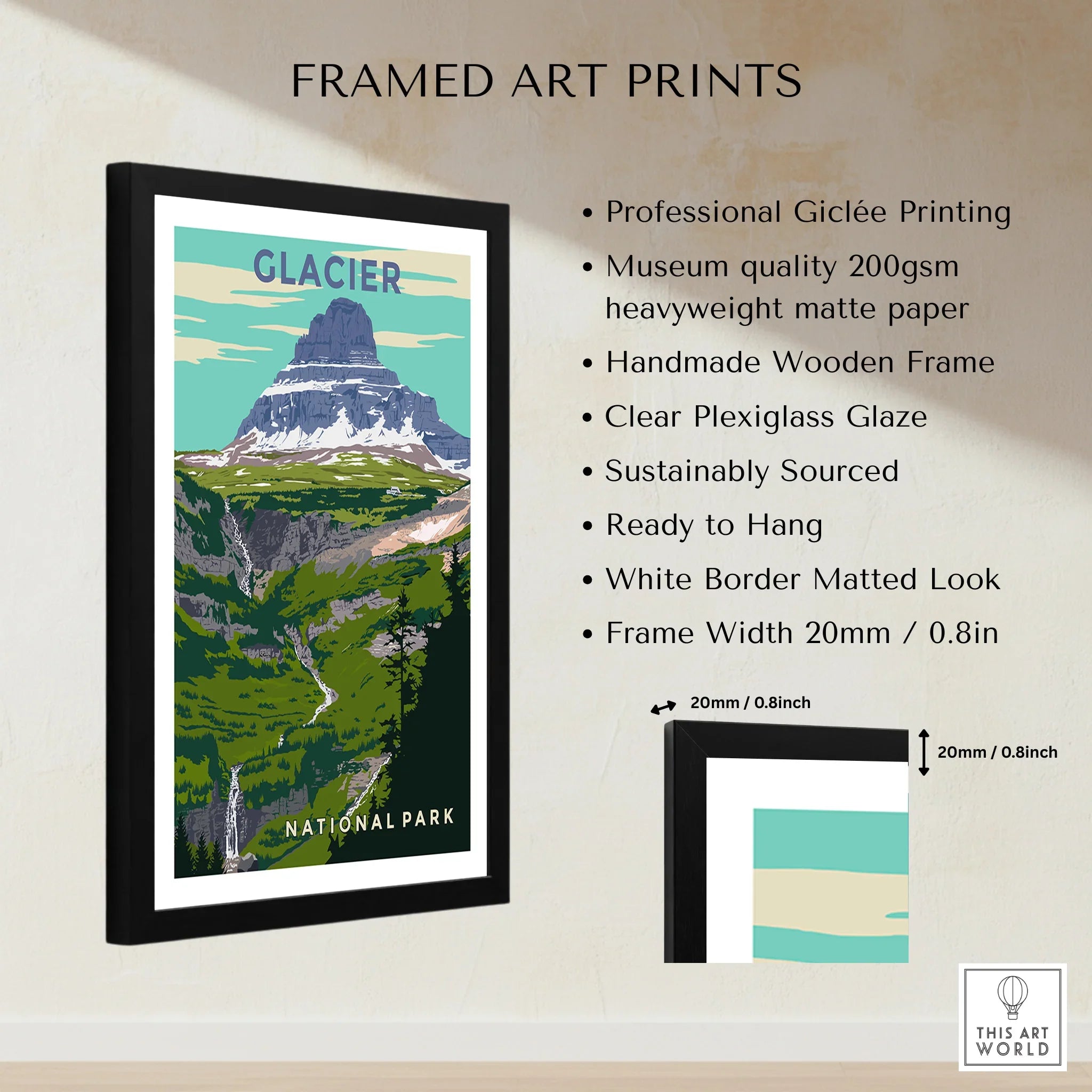 Framed Glacier National Park print with mountain landscape, black frame, and product features listed.