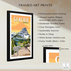 Framed Glacier National Park art print with mountain, goat, and forest, shown with frame details.