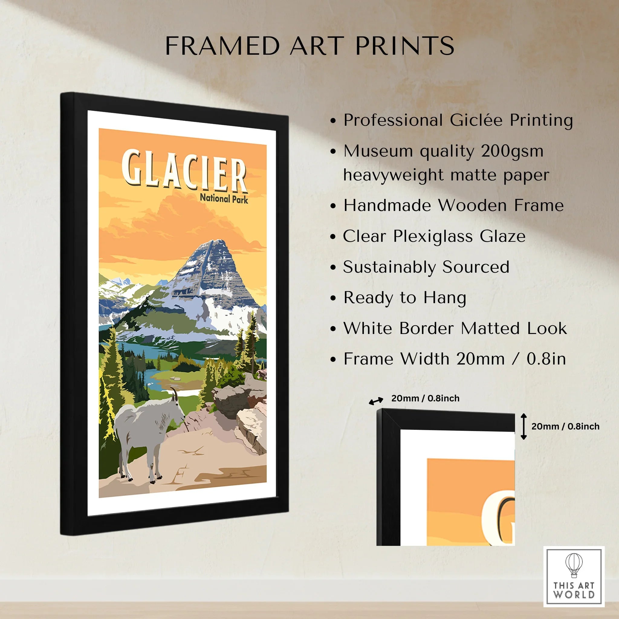 Framed Glacier National Park art print with mountain, goat, and forest, shown with frame details.