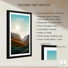 Framed Glencoe National Park art print with mountain landscape, description of print quality and frame details