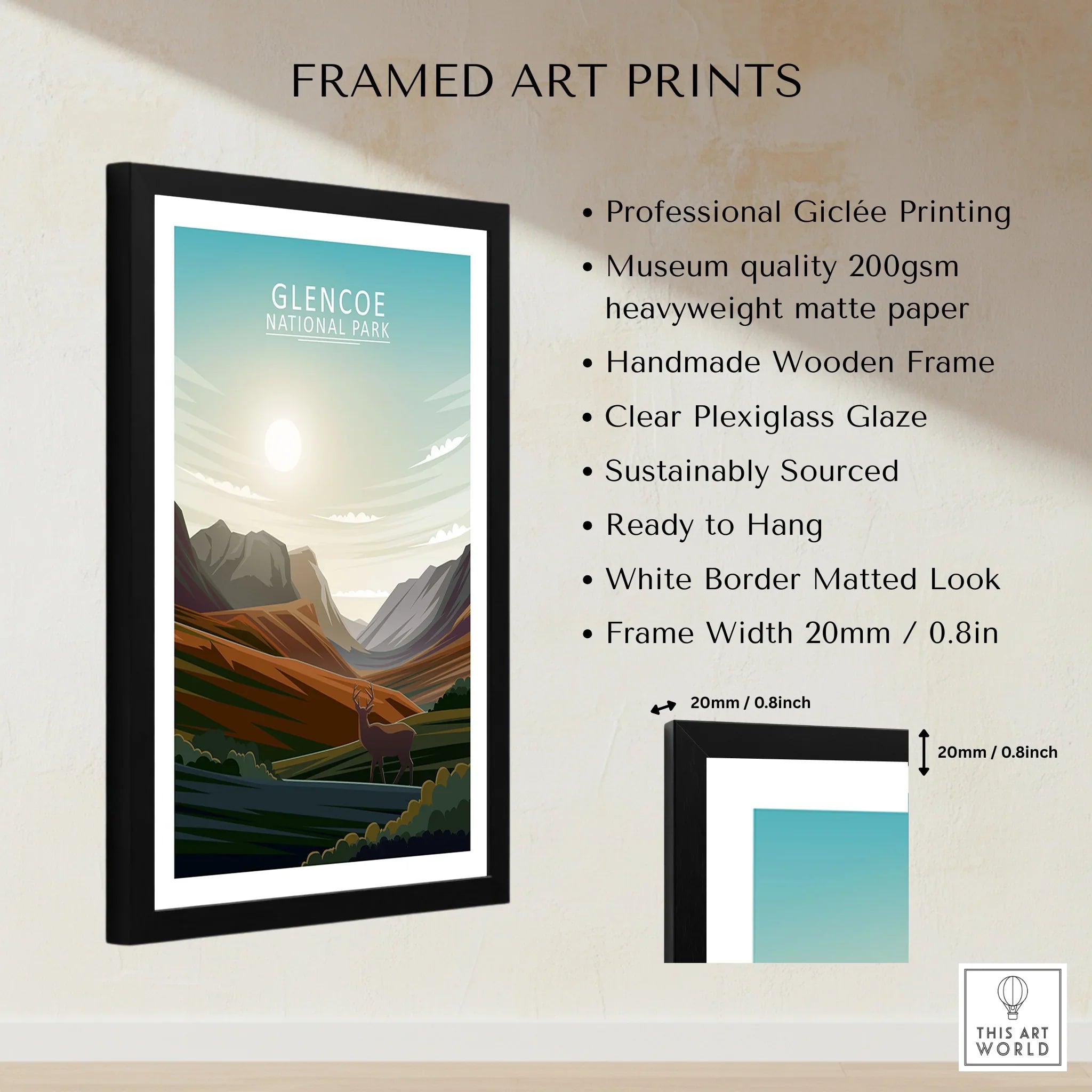 Framed Glencoe National Park art print with mountain landscape, description of print quality and frame details