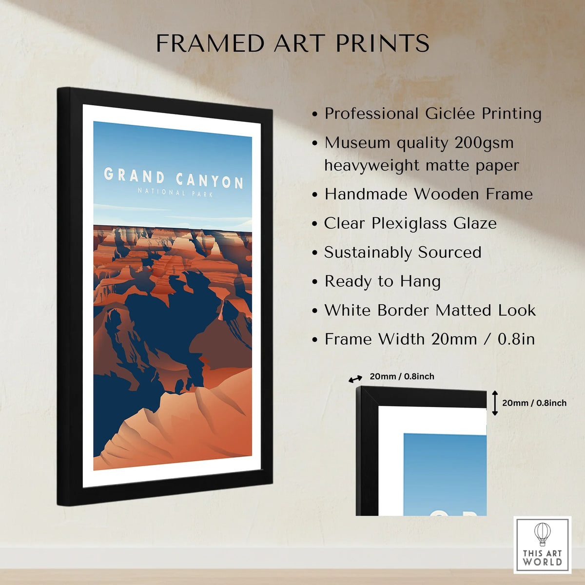 Framed Grand Canyon National Park art print with black wood frame and white border, wall decor