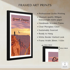 Framed Grand Canyon National Park art print with silhouette figure, sunset, and scenic landscape