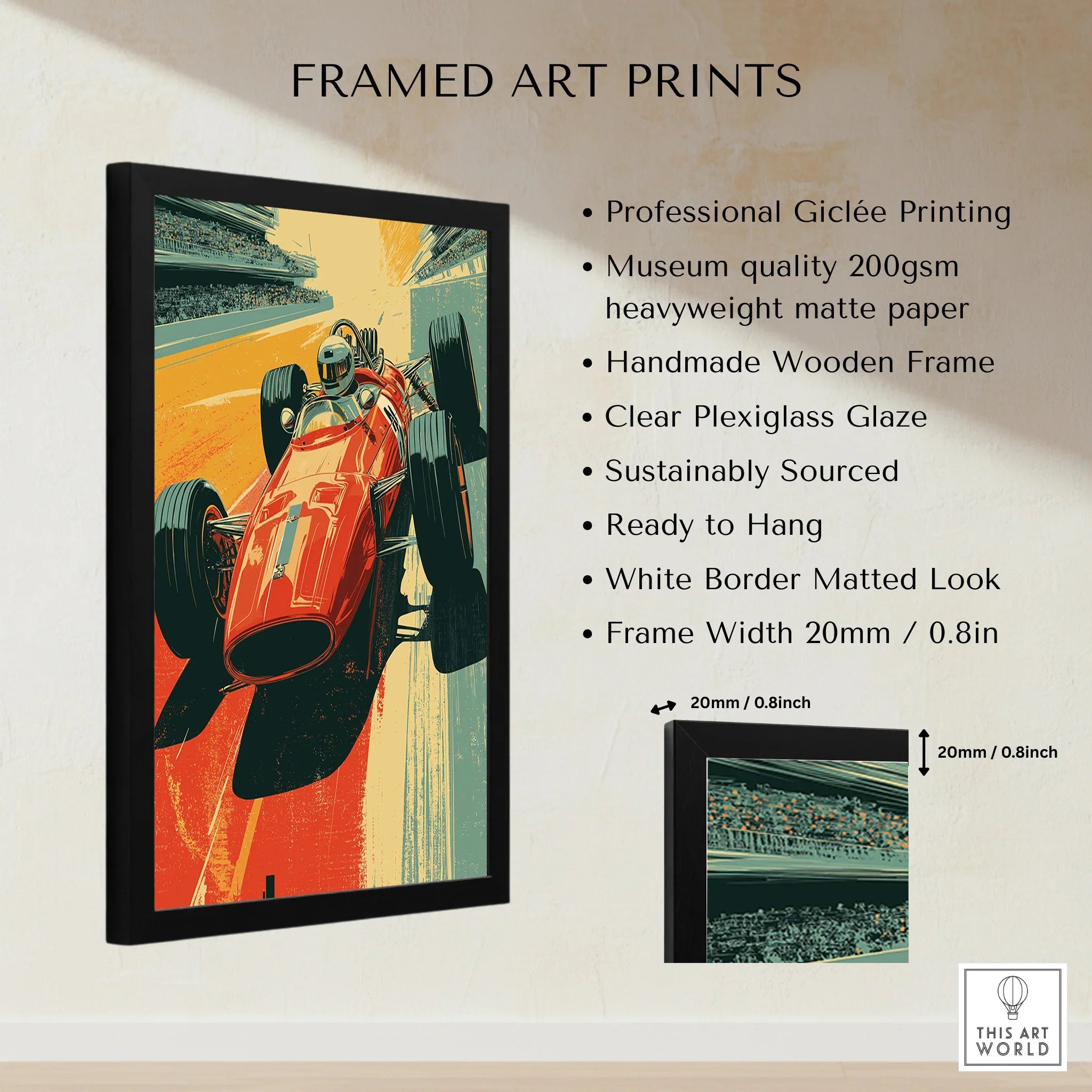 Framed race car art print with vintage style, museum quality matte paper, and wooden frame