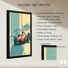 Framed art print featuring vintage red race car, wall art details and measurements listed