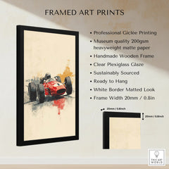 Framed art print of vintage red race car with detailed print and black wooden frame