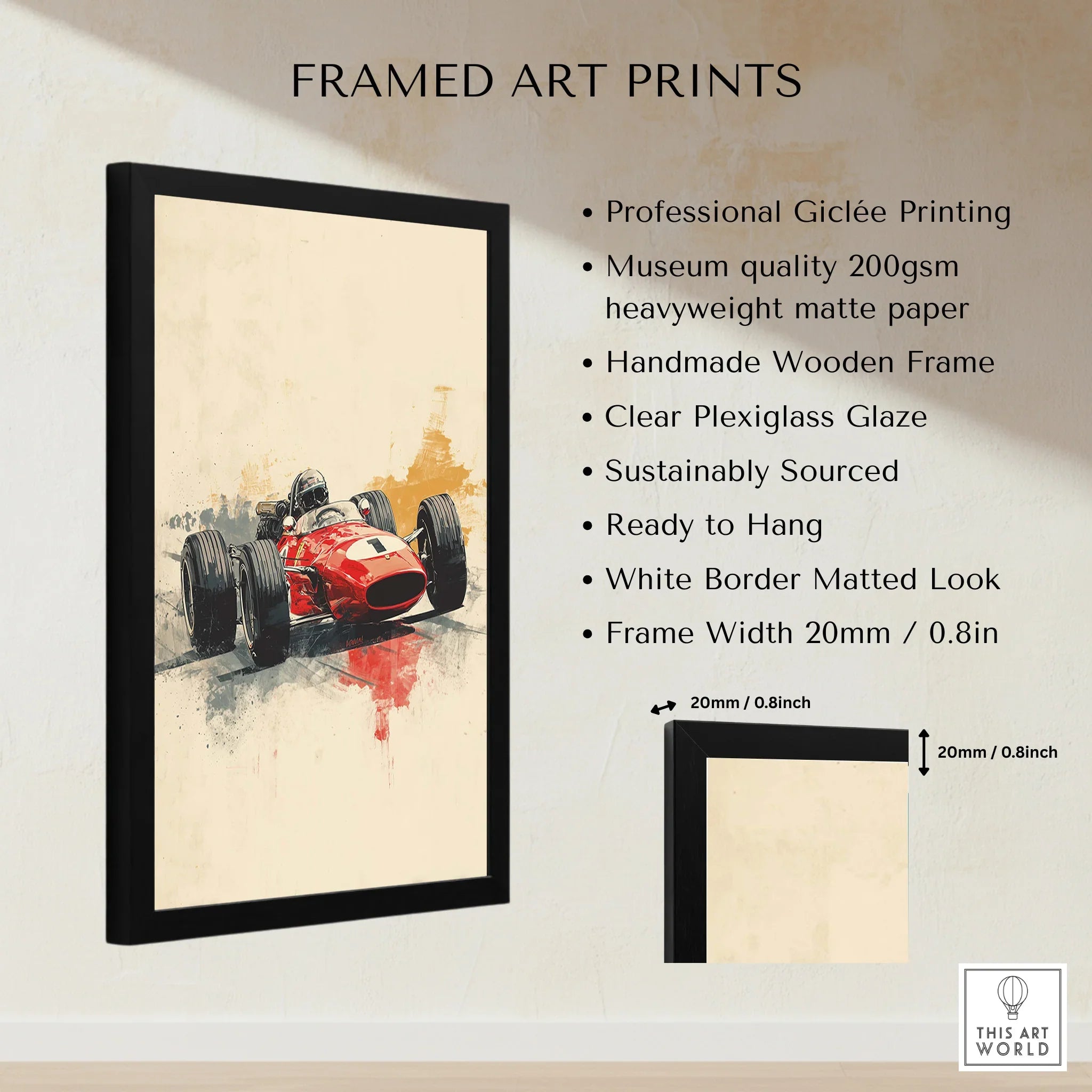 Framed art print of vintage red race car with detailed print and black wooden frame