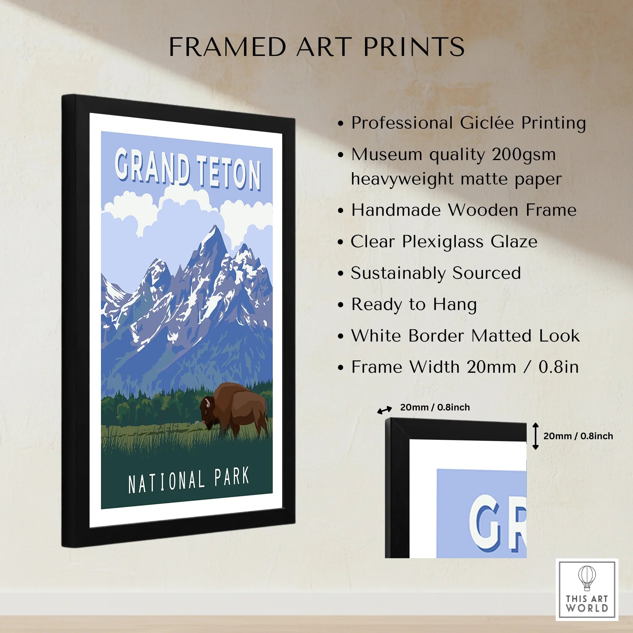 Framed Grand Teton National Park art print with mountain and bison illustration on wall