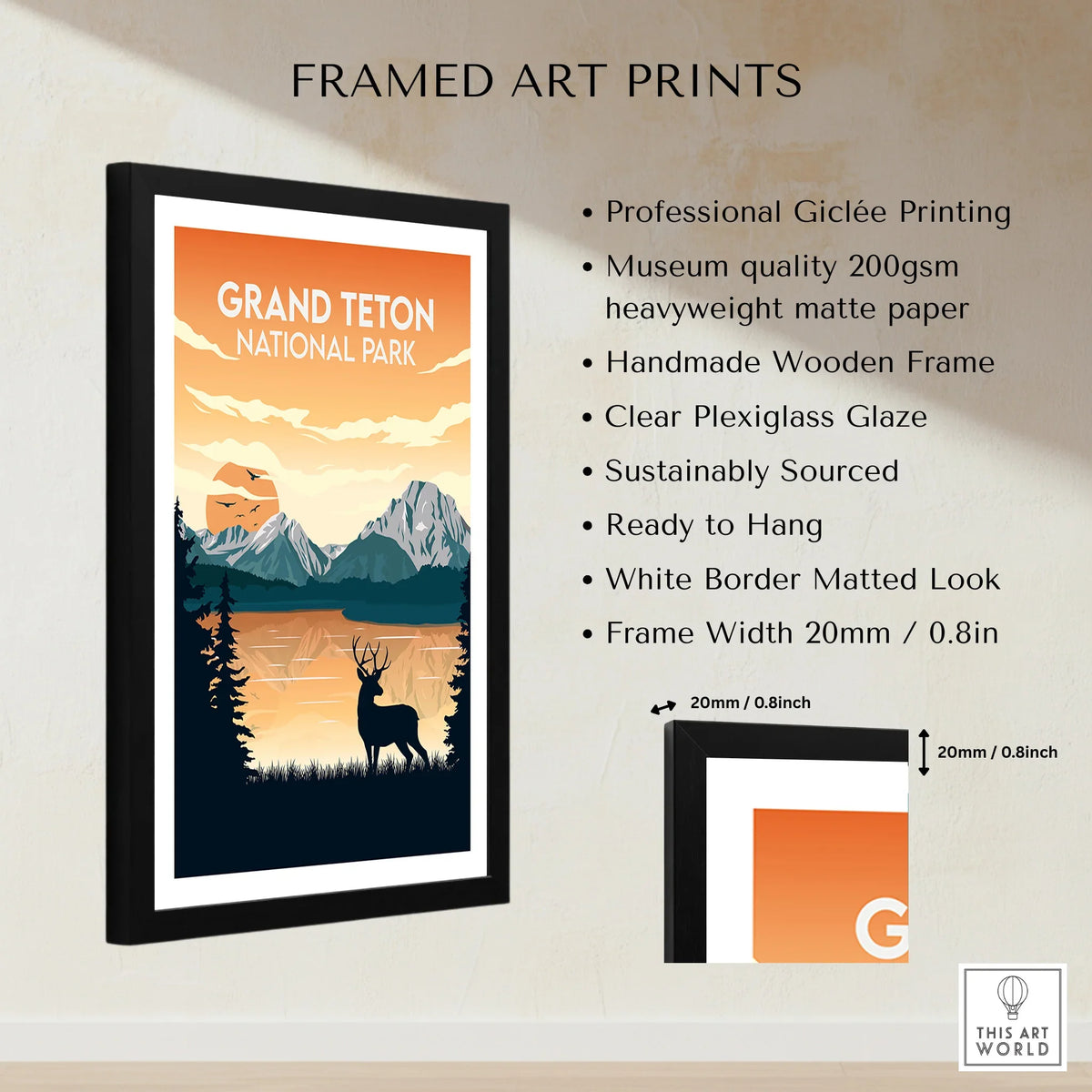 Framed Grand Teton National Park print, sunset mountain landscape, deer silhouette, art details listed.