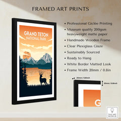 Framed Grand Teton National Park print, sunset mountain landscape, deer silhouette, art details listed.