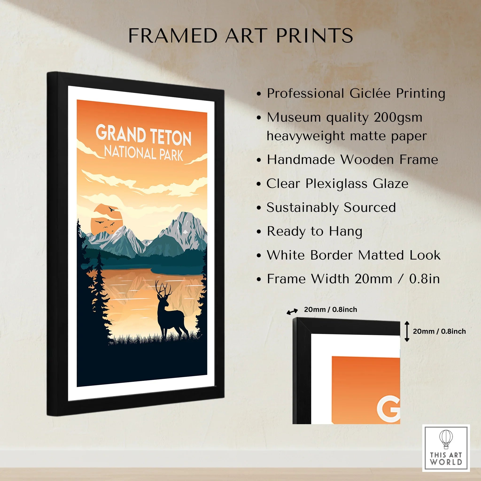 Framed Grand Teton National Park print, sunset mountain landscape, deer silhouette, art details listed.