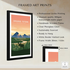 Framed Grand Teton National Park art print with moose silhouette, sunset mountains, and product quality details.