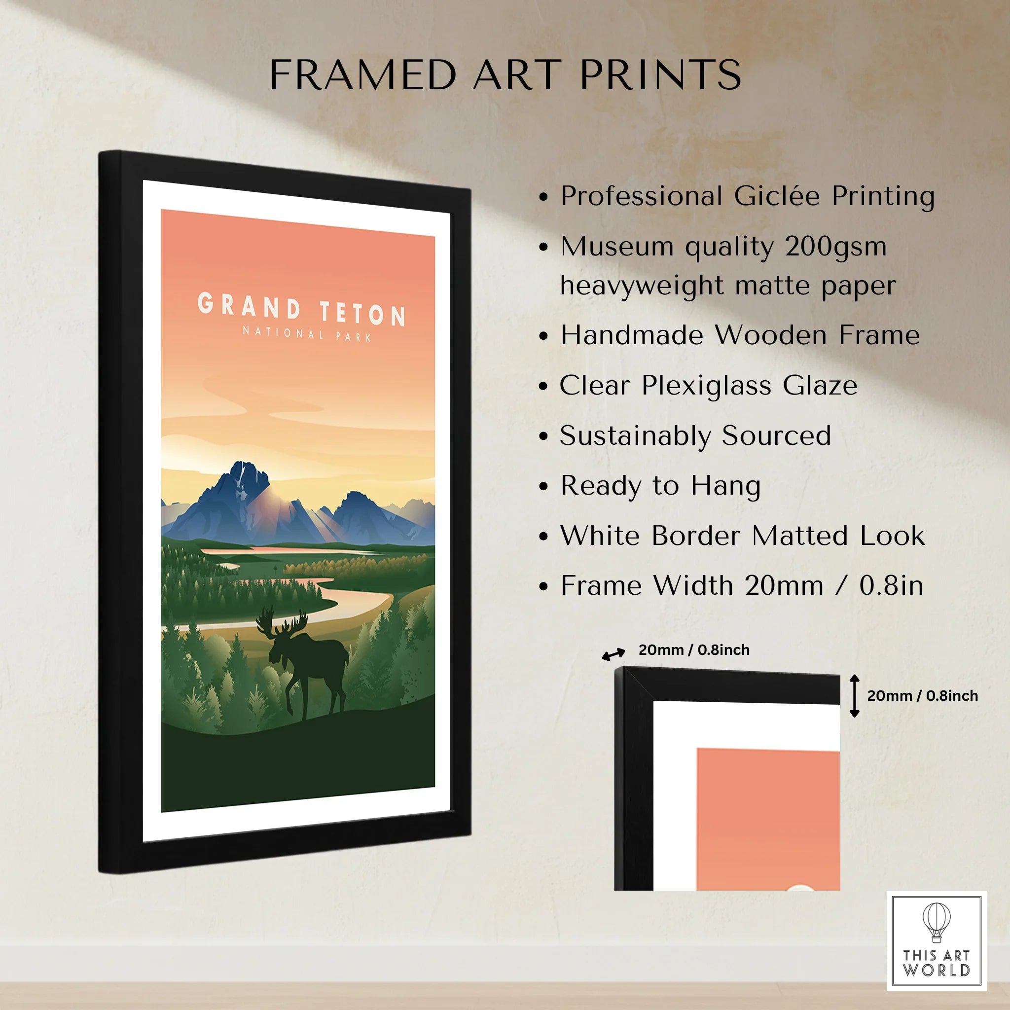 Framed Grand Teton National Park art print with moose silhouette, sunset mountains, and product quality details.