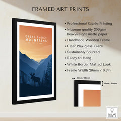 Framed Great Smoky Mountains National Park art print with moose silhouette, listed features.