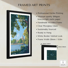 Framed Greenwich London art print with wooden frame, museum-quality paper, and measurement details