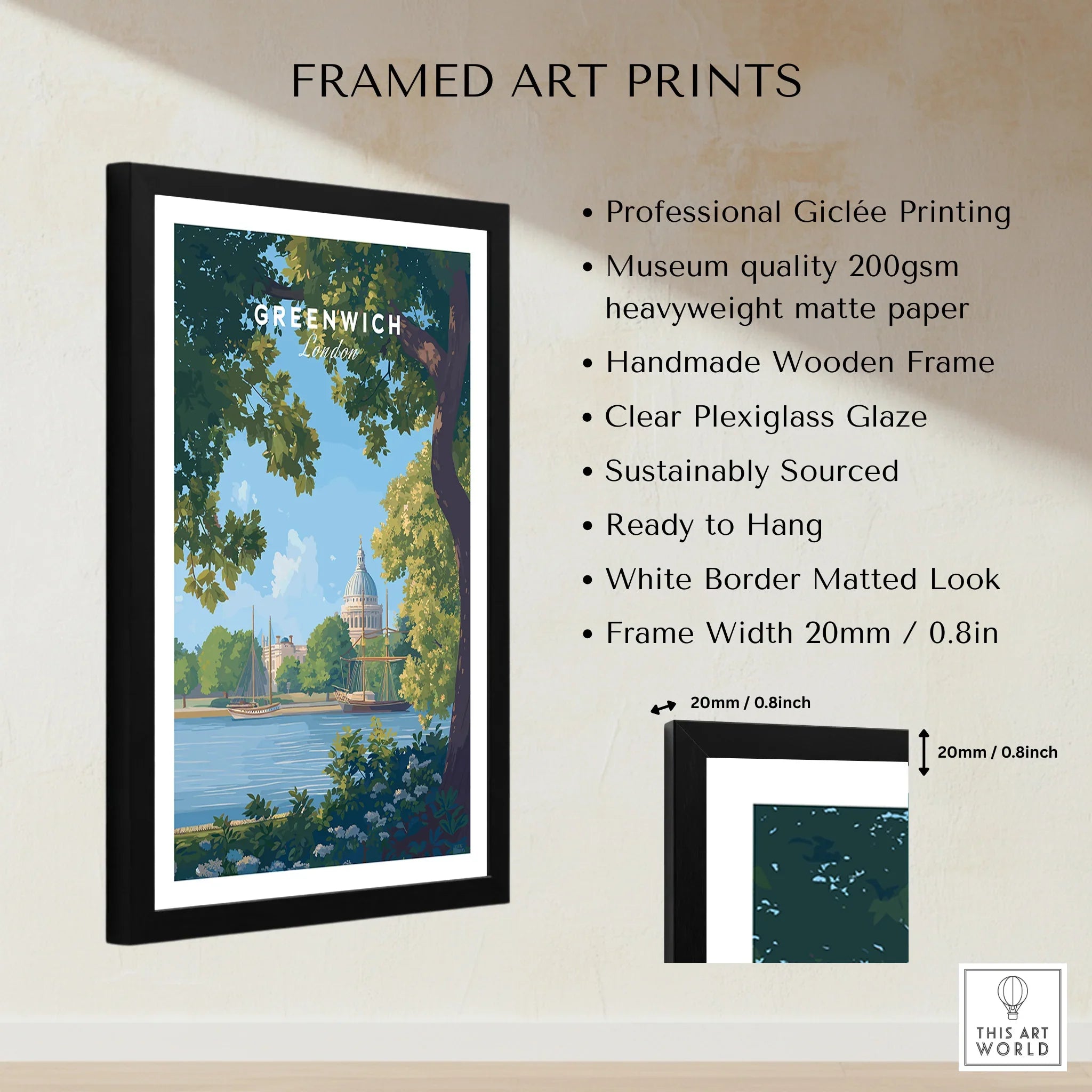 Framed Greenwich London art print with wooden frame, museum-quality paper, and measurement details