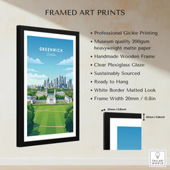 Framed Greenwich London skyline wall art print with modern black frame and quality details