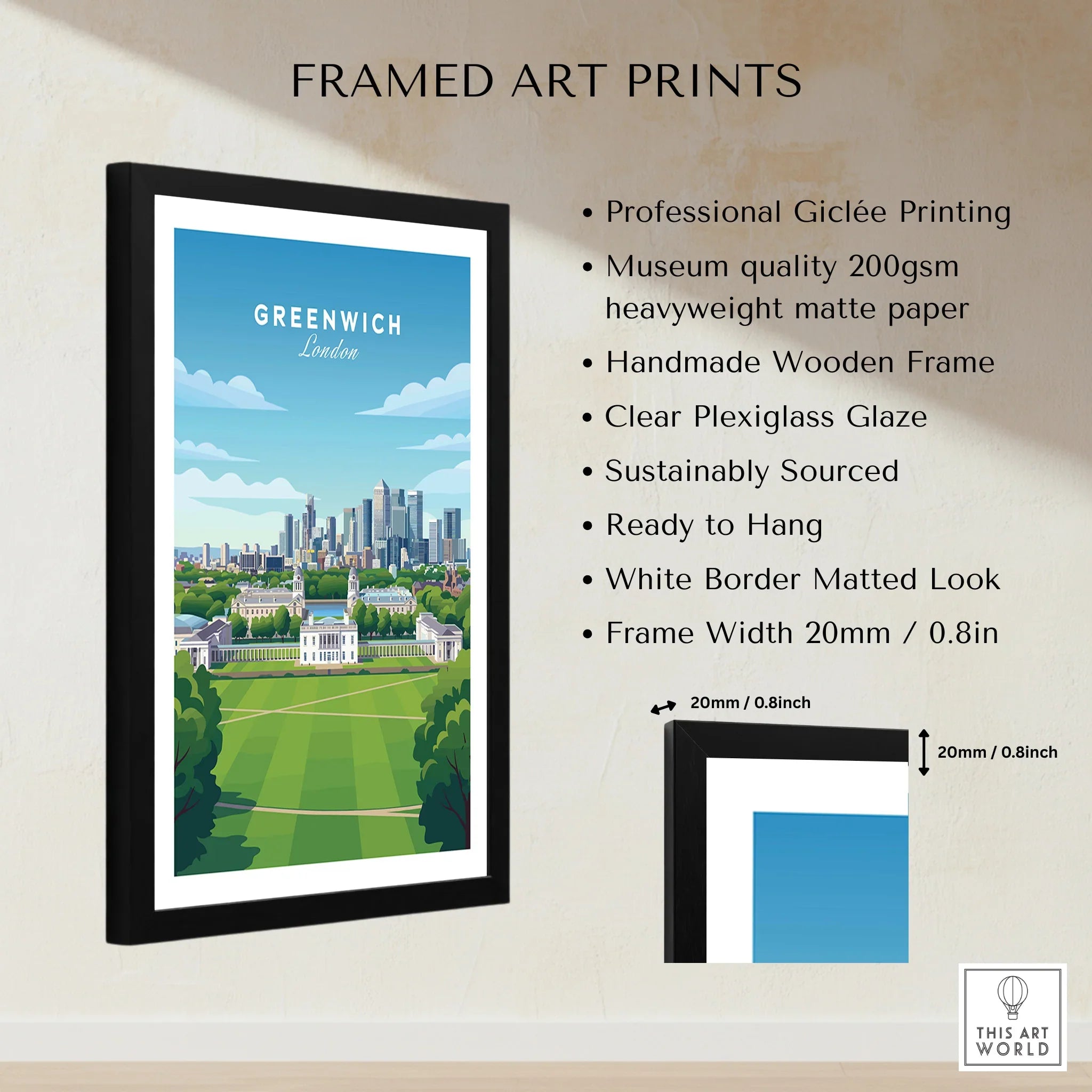 Framed Greenwich London skyline wall art print with modern black frame and quality details