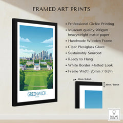 Framed Greenwich London art print with cityscape, wooden frame, and detailed quality features.