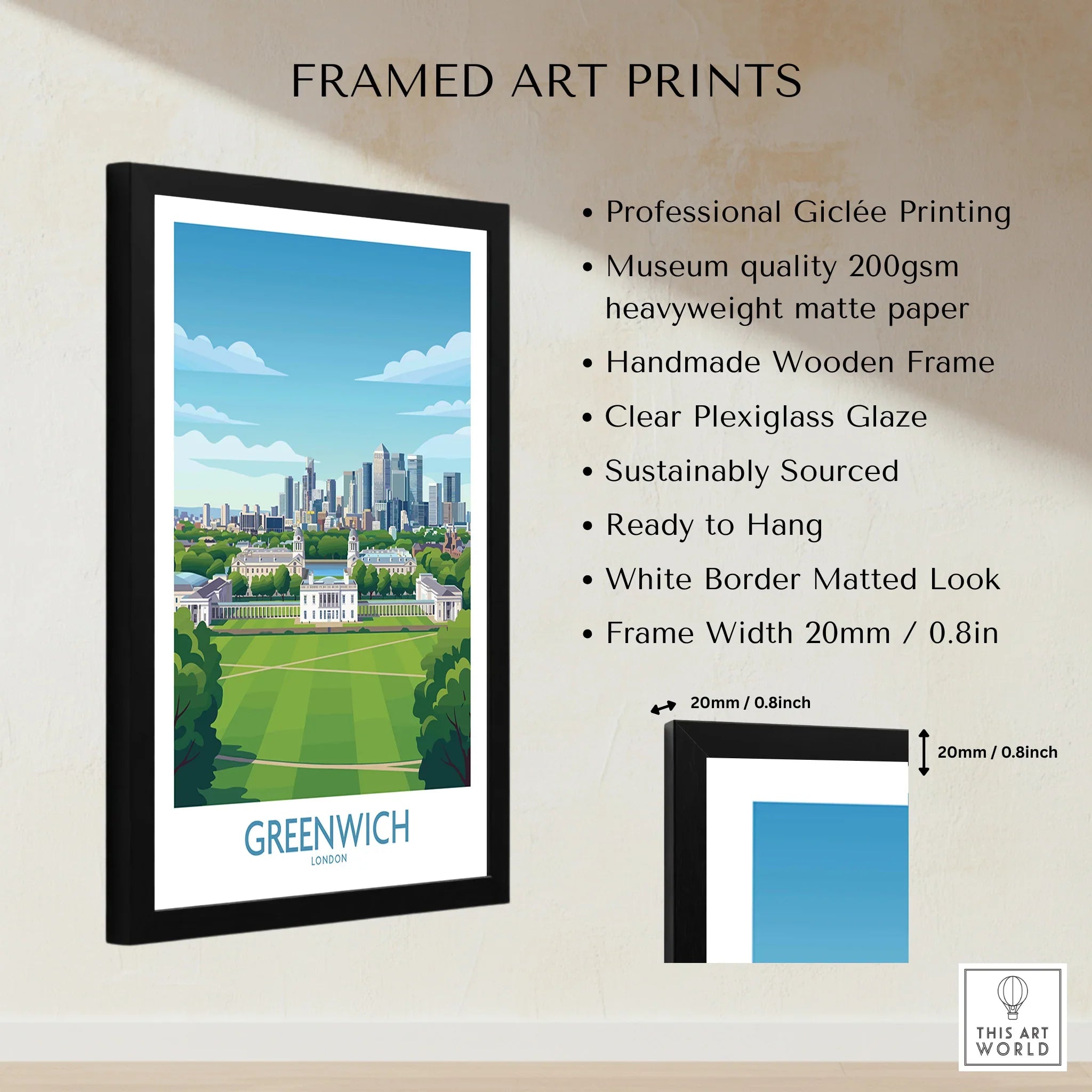 Framed Greenwich London art print with cityscape, wooden frame, and detailed quality features.