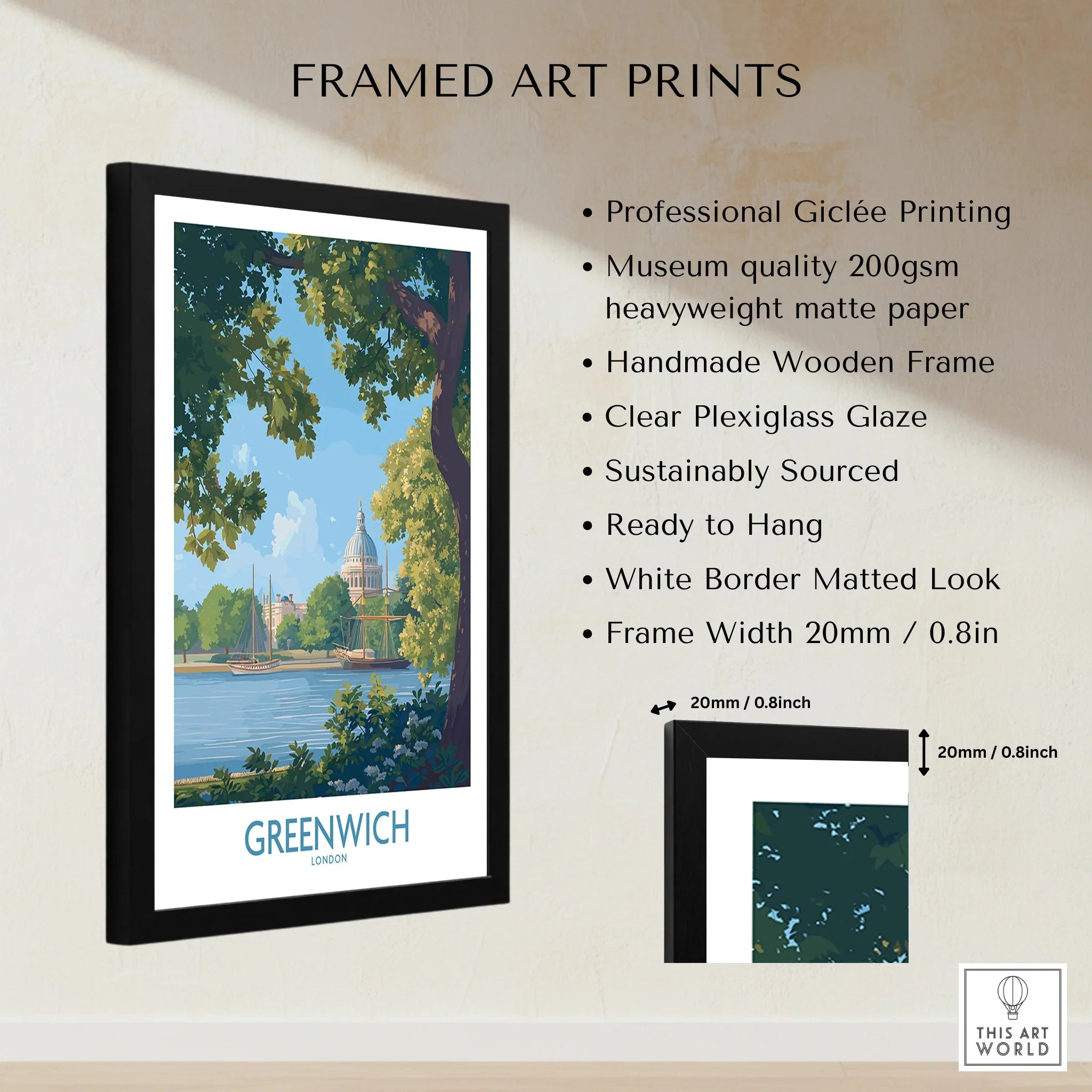 Greenwich London framed art print on wall, with museum-quality paper and wooden frame details.