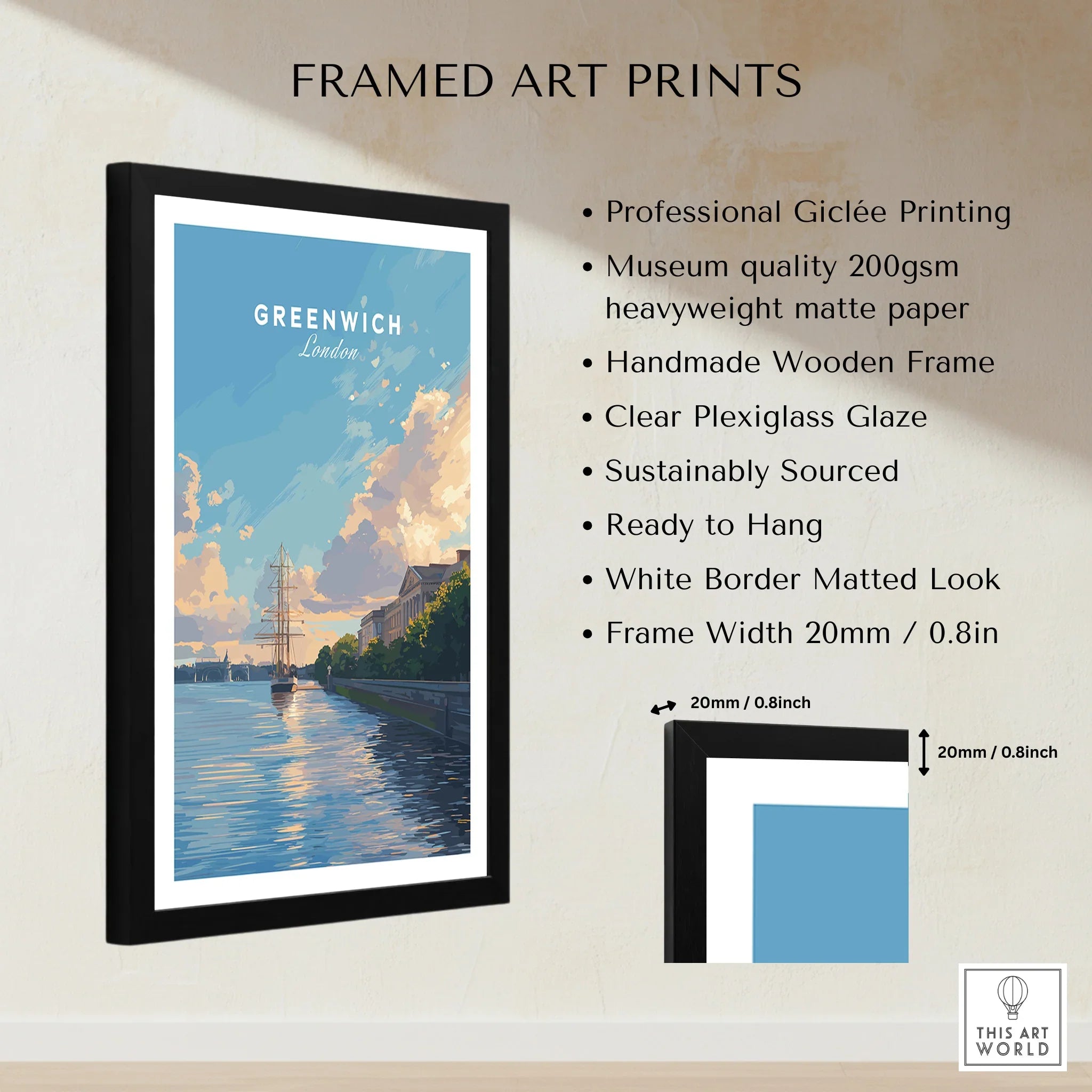 Greenwich London framed art print on wall, city skyline, quality details, wooden frame, matted look
