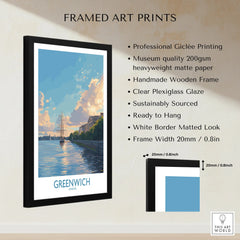 Framed Greenwich London art print with black frame, white border, and detailed product features.