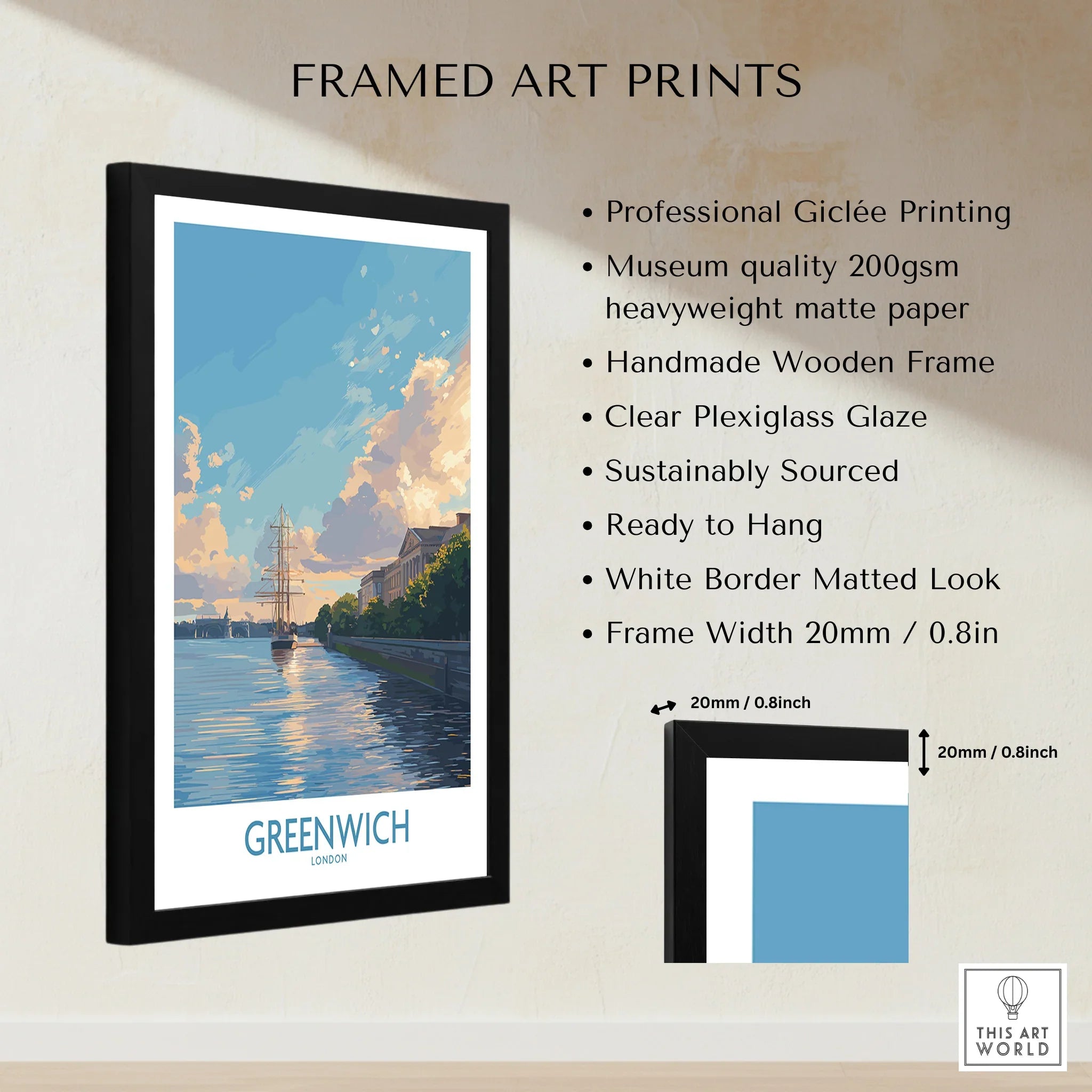 Framed Greenwich London art print with black frame, white border, and detailed product features.