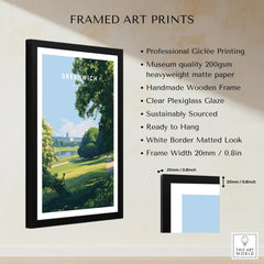 Framed Greenwich art print with black frame, white mat border, and museum quality details