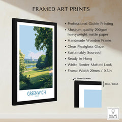 Greenwich London framed art print with black wooden frame, white matted border, and lush park scene