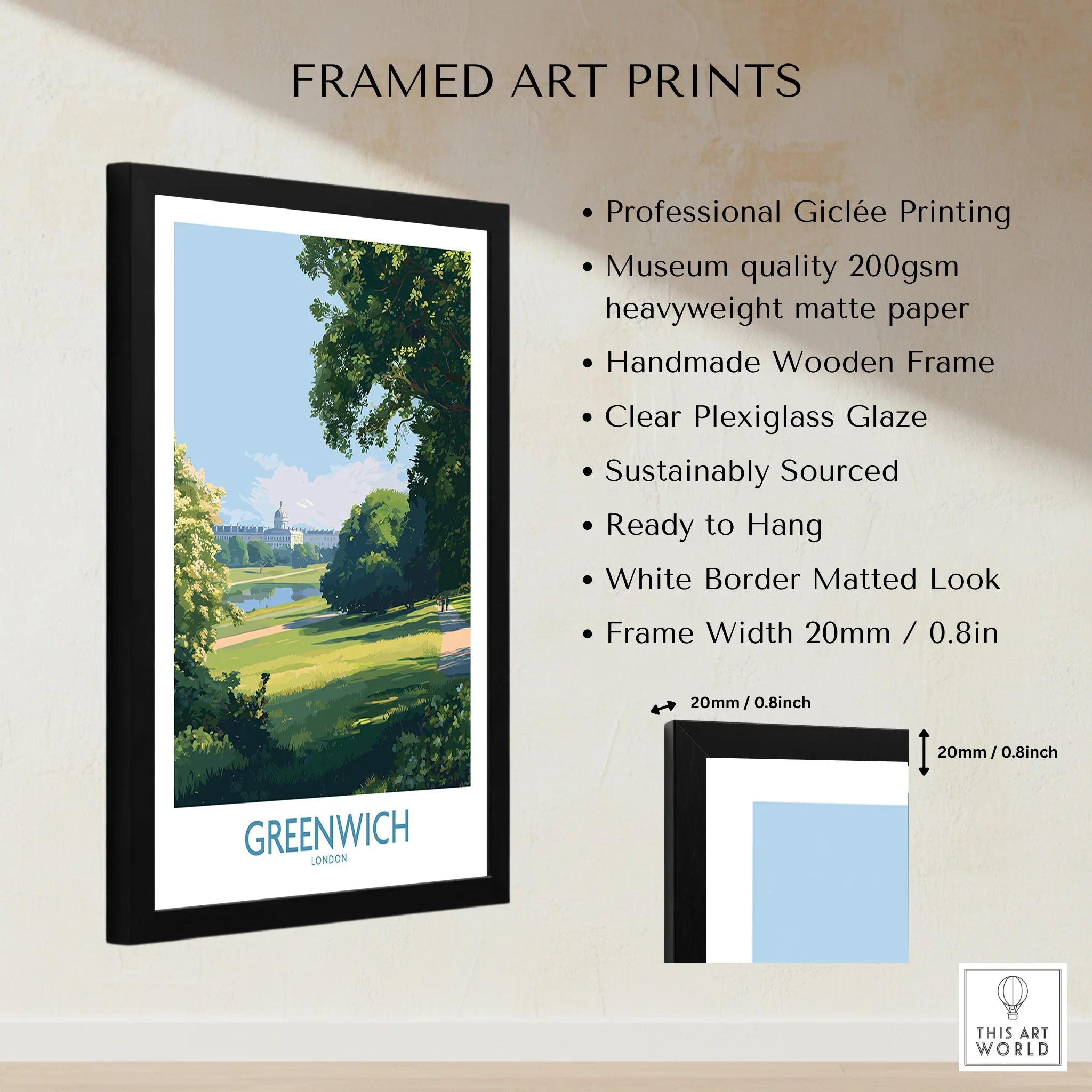 Greenwich London framed art print with black wooden frame, white matted border, and lush park scene