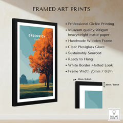 Greenwich London framed art print with autumn landscape, black wooden frame, wall decor details.