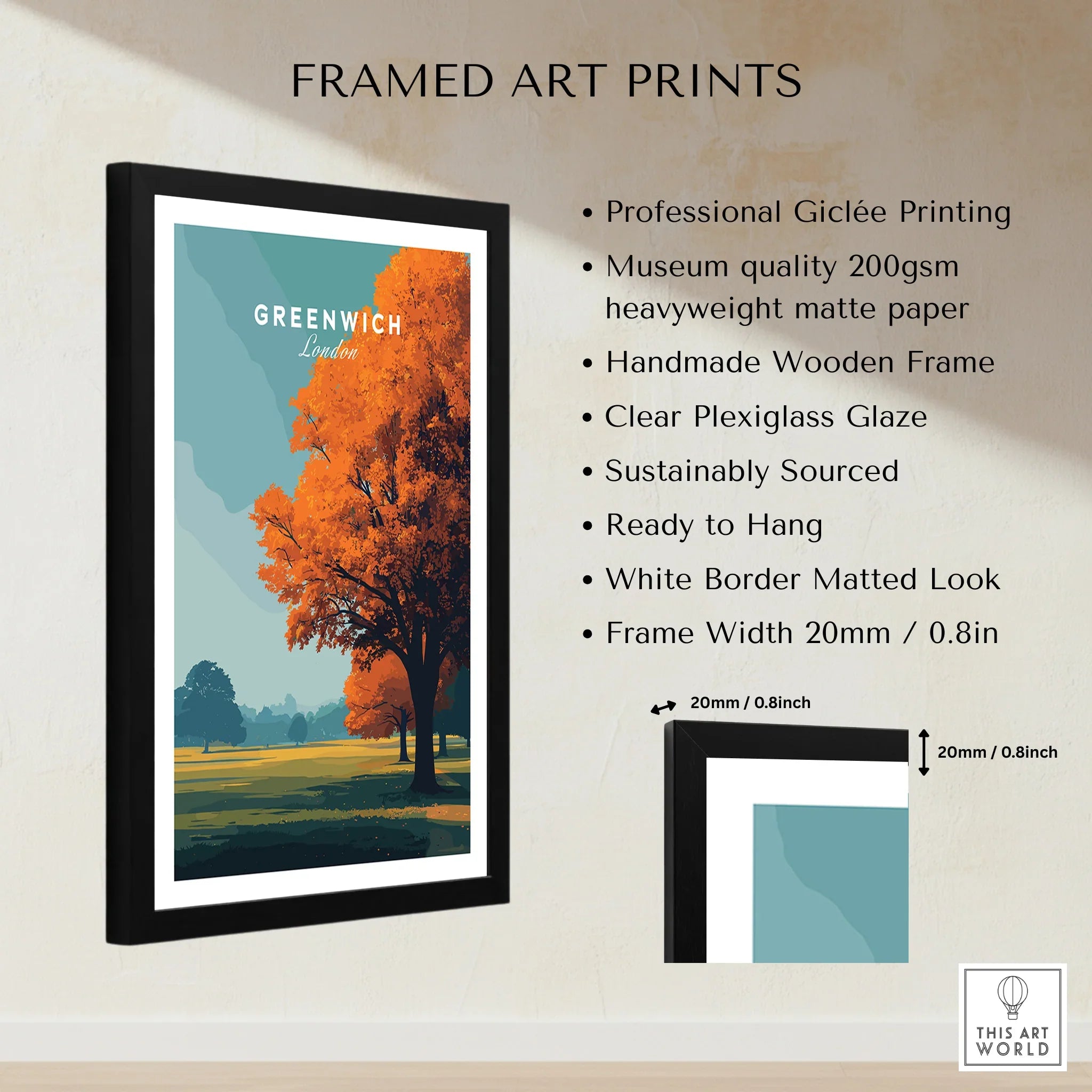 Greenwich London framed art print with autumn landscape, black wooden frame, wall decor details.