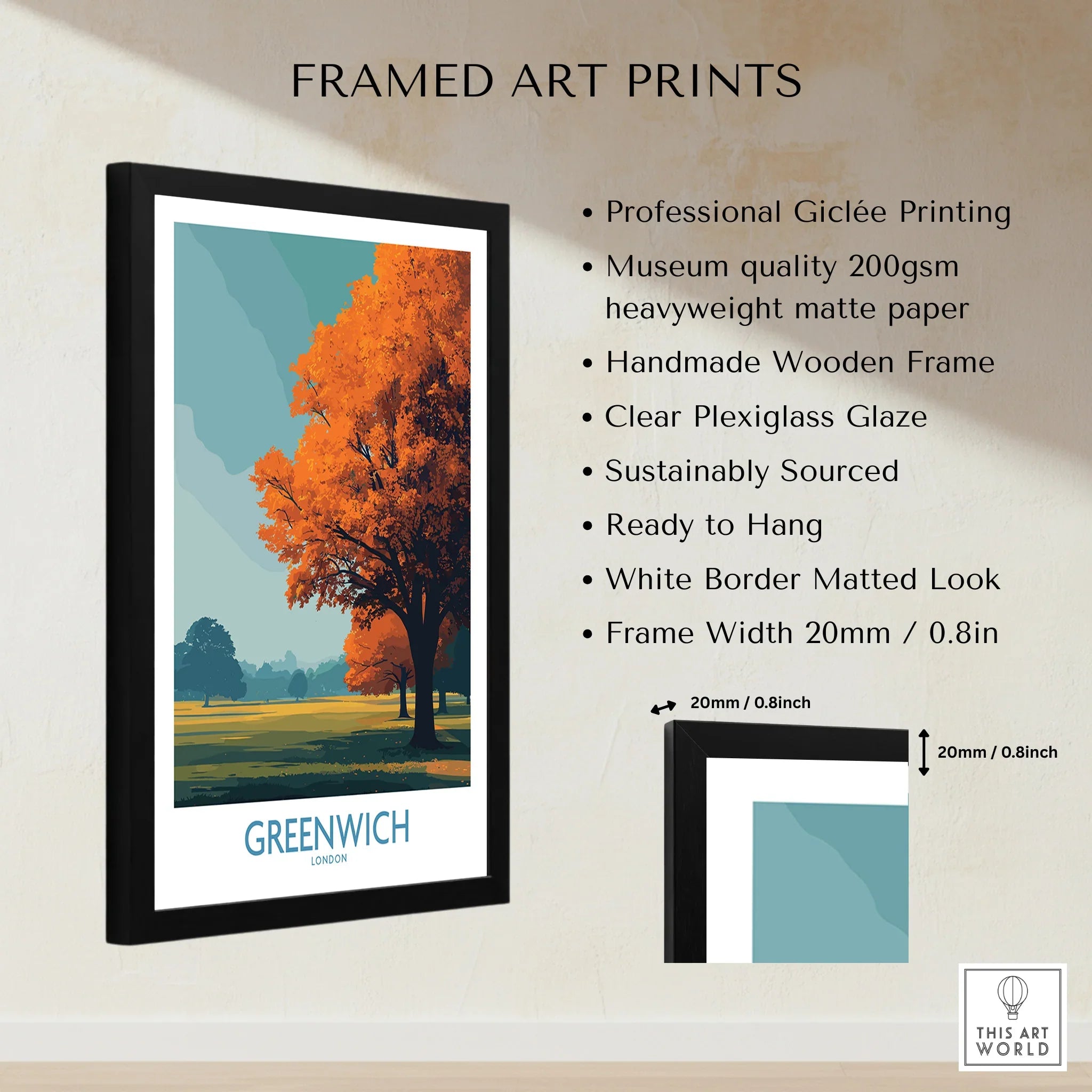 Framed Greenwich travel poster with autumn tree, listed print quality and frame details.