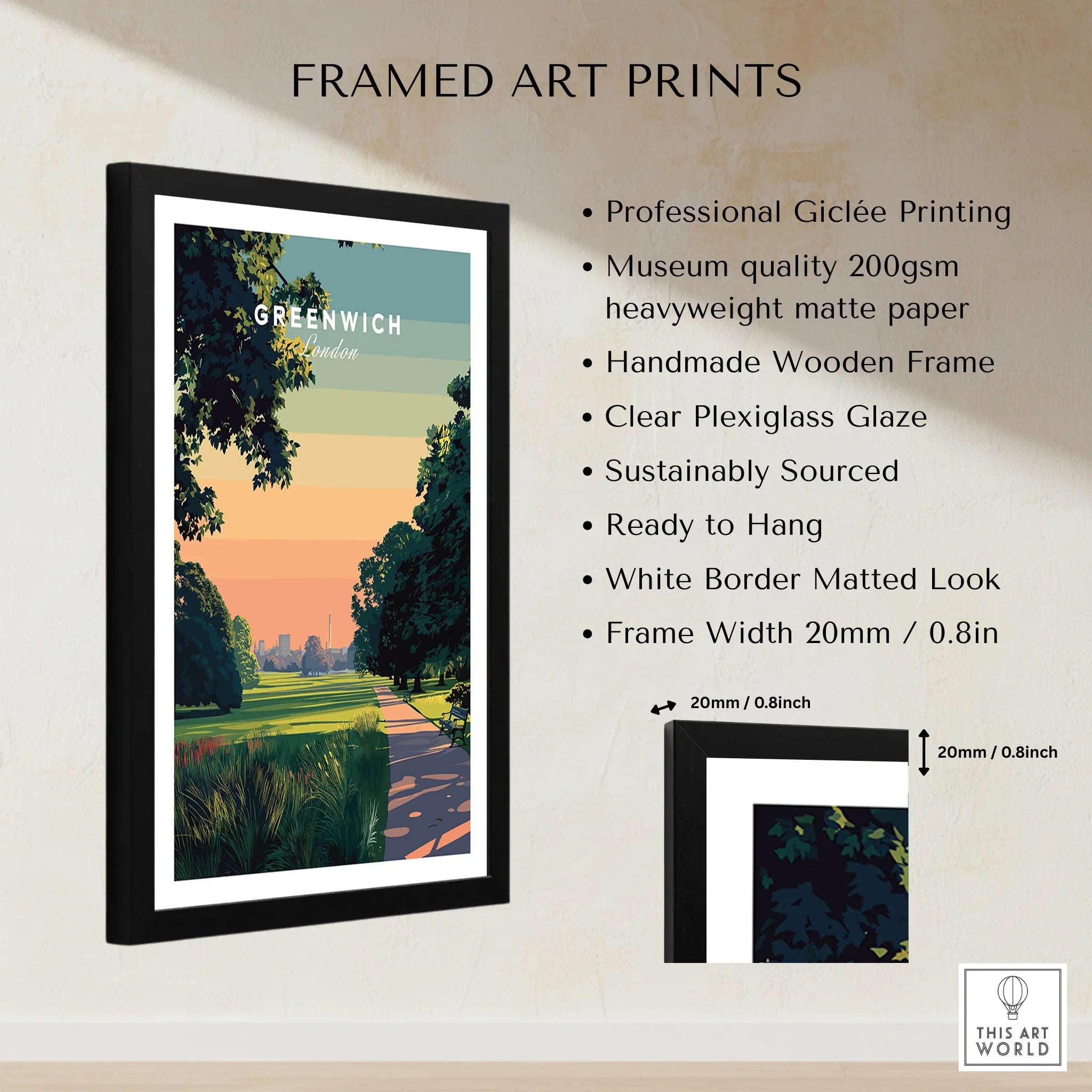 Framed Greenwich London travel art print with black wooden frame, white border, and park scene.