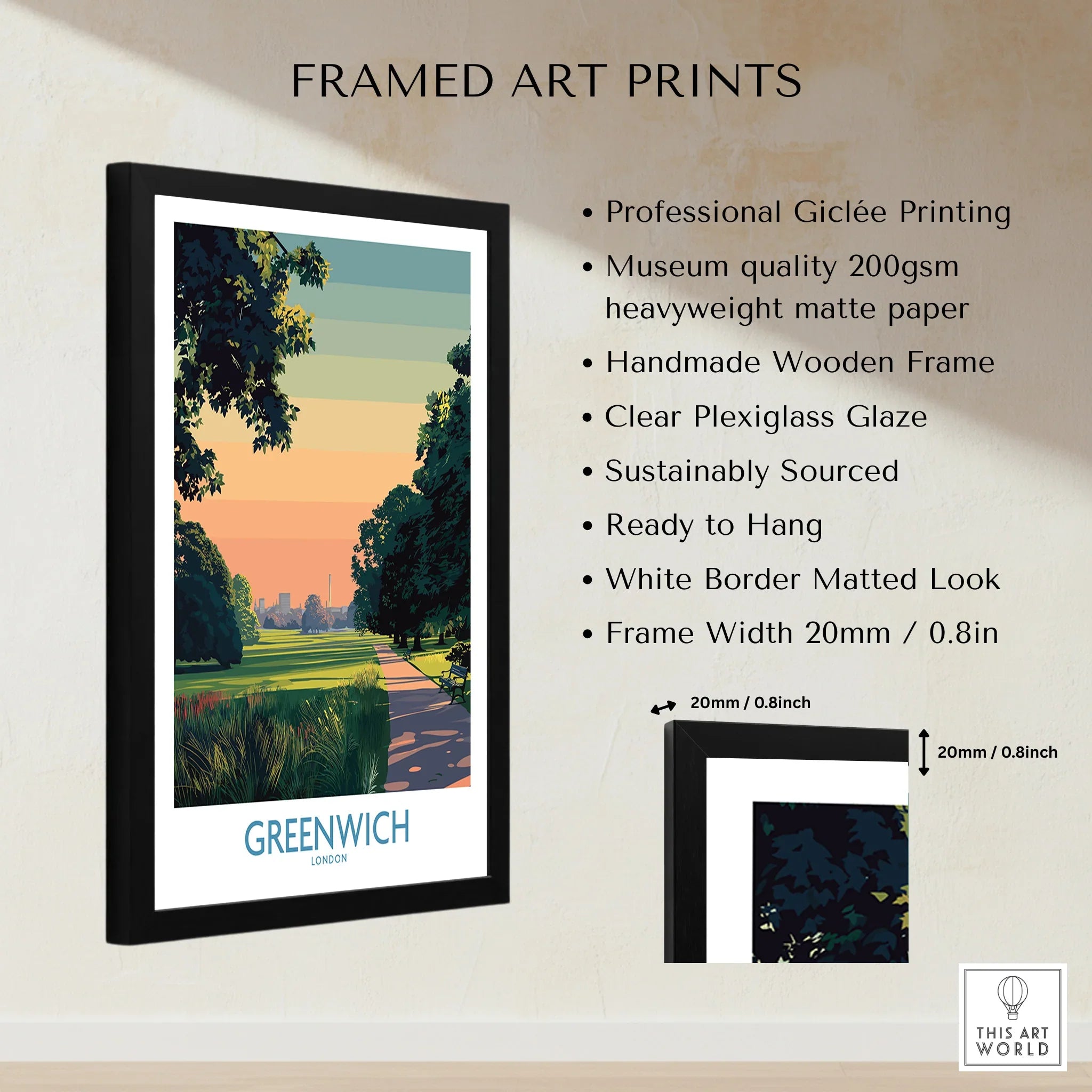 Framed art print of Greenwich London park scene with quality and material details listed.