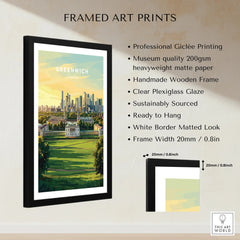 Framed Greenwich London cityscape wall art print with details on frame and materials