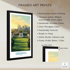 Greenwich London framed art print with wooden frame, white border, and cityscape illustration