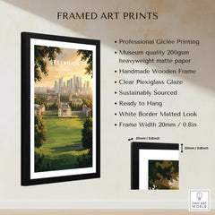 Framed Greenwich London art print with cityscape, handmade wooden frame, and matted border details